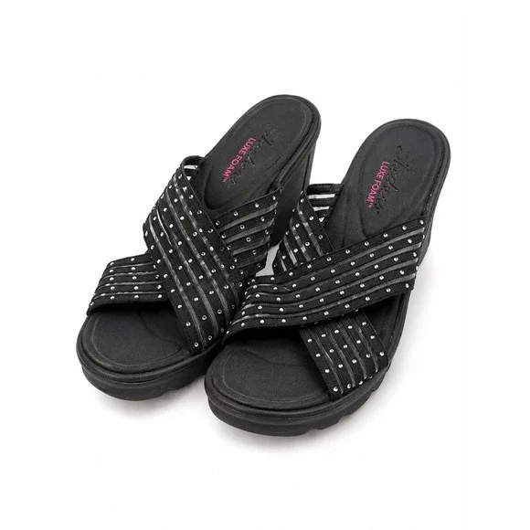 Skechers Black Rhinestone Wedge Platform Sandals Slides Women's Size 9-9.5