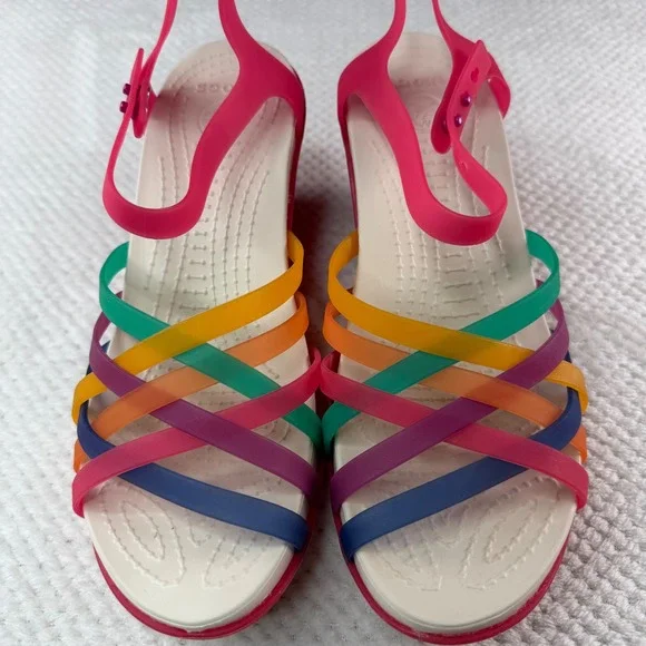 Crocs Huarache Multi Color Strappy Wedge Sandals Pink Women Size 8