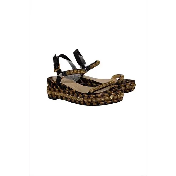 Christian Louboutin - Gold & Black Print Wedge Pyraclou Sandal Heels Sz 8