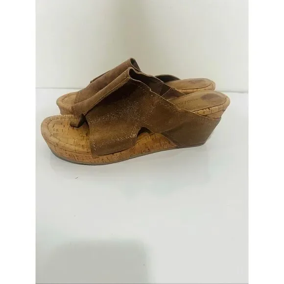 Donald Pliner Gerie Brown Tan Leather Gold Metallic Cork Wedge Slip On Sandals S