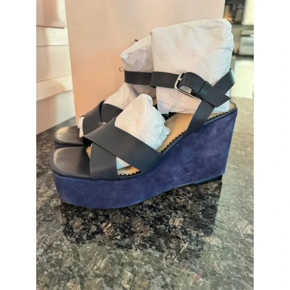 Cinq a Sept Sasha Vachetta Navy Leather Suede Wedge Sandals SS087L10132Z Size 40