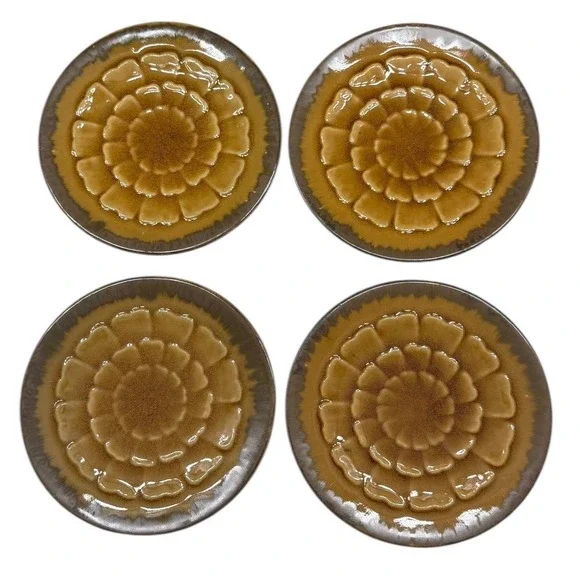 Pier 1 Akita Salad Plate Set 4 Brown Amber Floral Earthenware Size 8.5 in