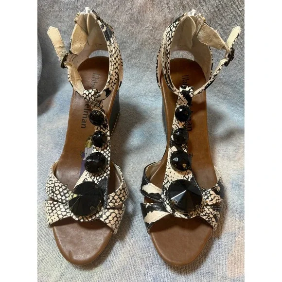 Libby Edelman L-BANI‎ Snakeskin Print Gemstone Embellished Wedge Sandals 7.5M