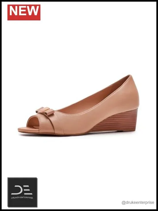 Women's Leather Peep Toe Bow Wedge Heels - Lightweight Business Casual