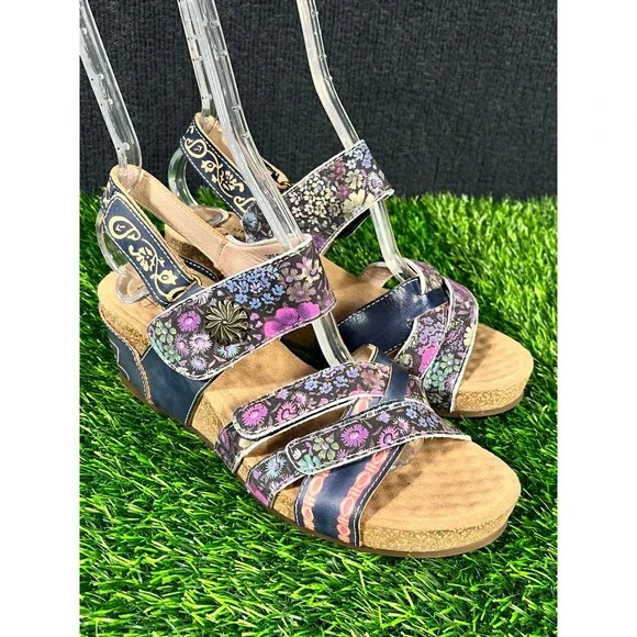 L'Artiste Spring Step Rolzah Floral Leather Wedge Sandals Navy Blue 38 US 7.5-8