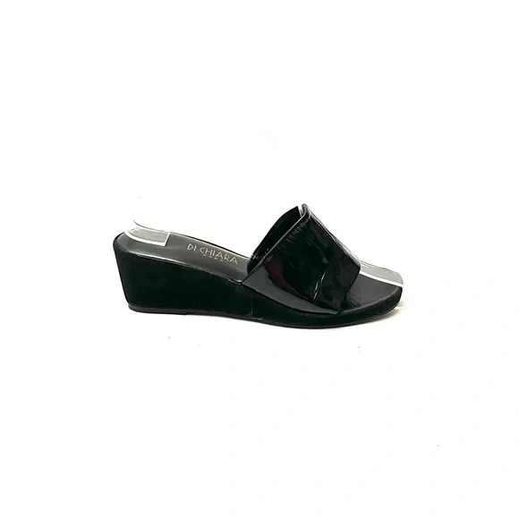 Vintage 1970s black leather suede wedge sandals