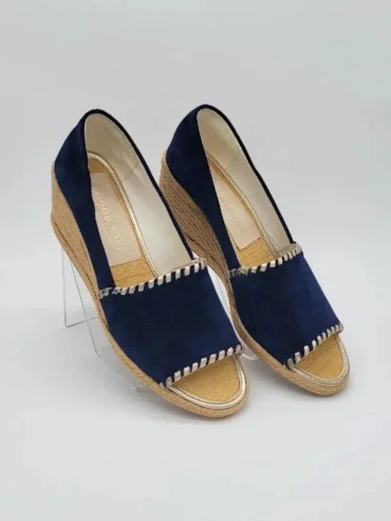 JACK ROGERS Palmer Wedge Espadrille Women’s Size 9.5 Navy Blue Suede Peep Toe