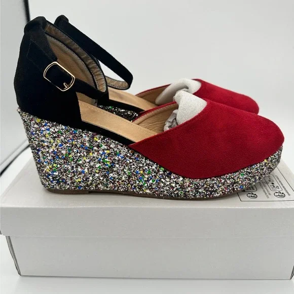 Unbranded‎ Women's Sz 11 Wedge Heels Red Black Glitter Platform Retro Glam NIB