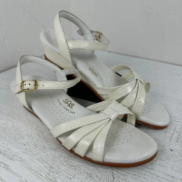 SAS Strippy Tripad Comfort Women's 9 N Cream White Leather Wedge Sandals Strappy