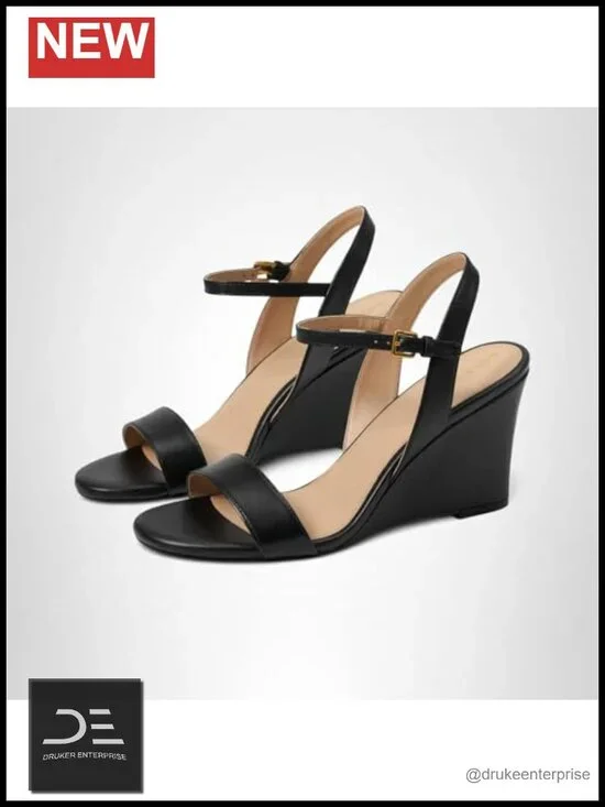 Women's Leather Wedge Sandals with Buckle Ankle Strap