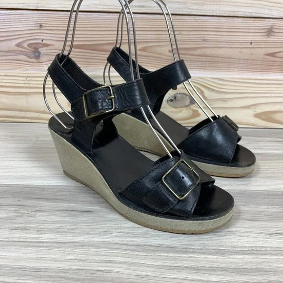 A.P.C. Wedge Sandals Womens 37 Black Leather Suede Platform Buckle F-50025 Shoes