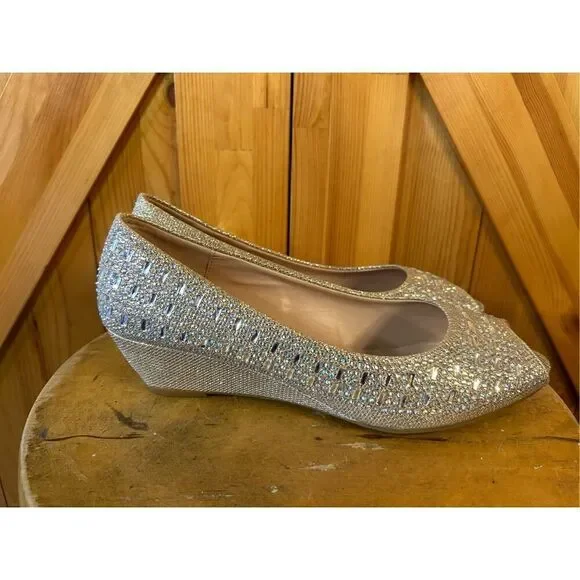 Forever Open Toe Champagne Rhinestone Embellished Pumps  Wedge Size 10