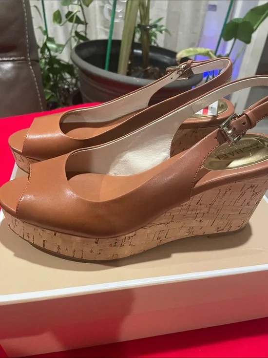 MICHAEL Michael Kors Tan Leather Cork Wedge Slingbacks