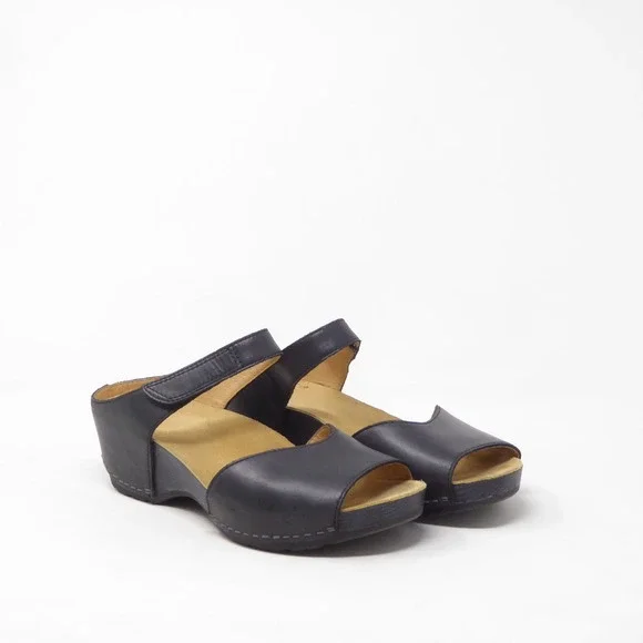 Dansko Tracy Womens Wedge Sandals Black Leather Peep Toe Comfort 36