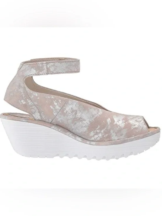 Fly London Yala Corcuma Metallic Rose Wedge Platform Sling Back Sandal Size 8‎