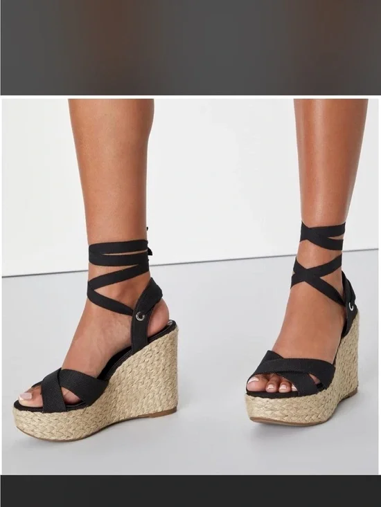 Lulus Black Canvas Wedge Heel  Espadrille Sandals 7 Strappy Lace Up Rope Heel