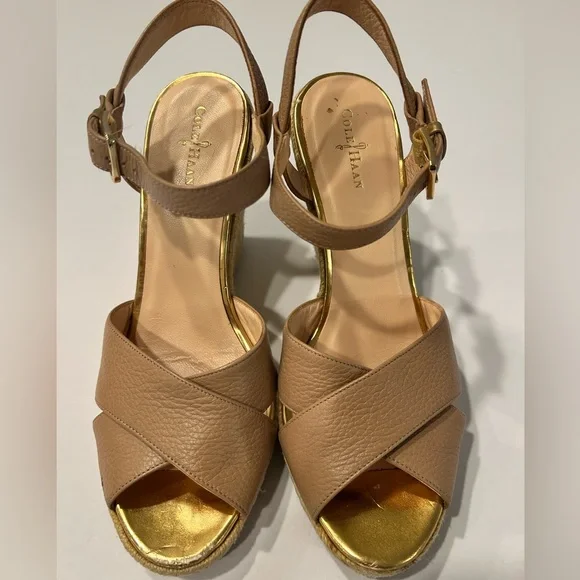 Cole Haan Women's Tan Leather Wedge Sandals‎ Size 8 Preowned