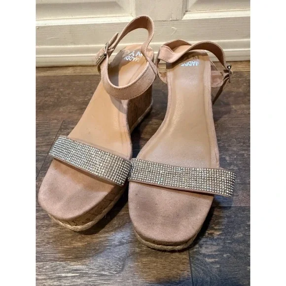 Madden NYC Womens Rhinestone Cork Wedge Sandals Nude Pink‎ Size 10W Wide