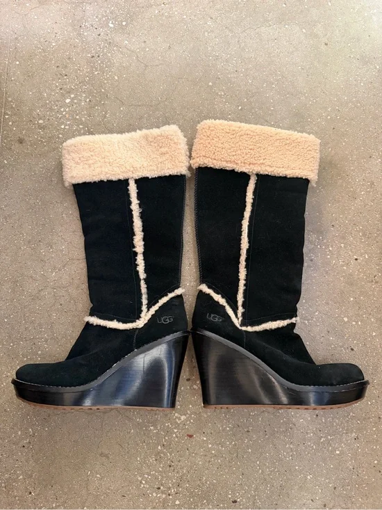 UGG Black Suede Wedge Boots with Cream Shearling Trim