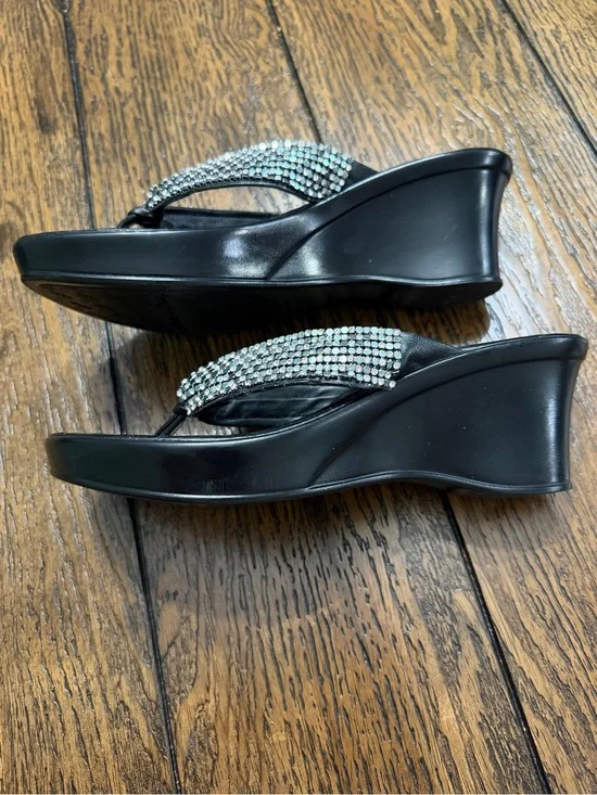 Y2K Italian Shoemakers Wedge Sandals with Rhinestone Bling Straps - 6