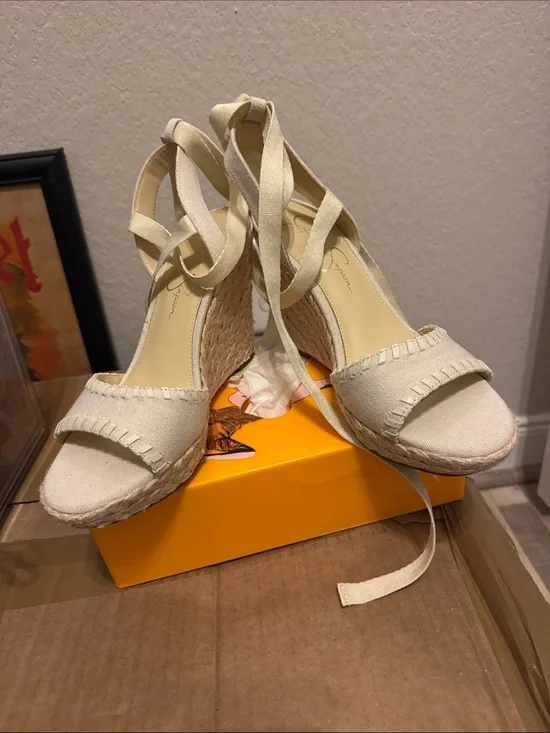 Jessica Simpson Women's Cream Espadrille Wedge Sandals with Ankle Wrap