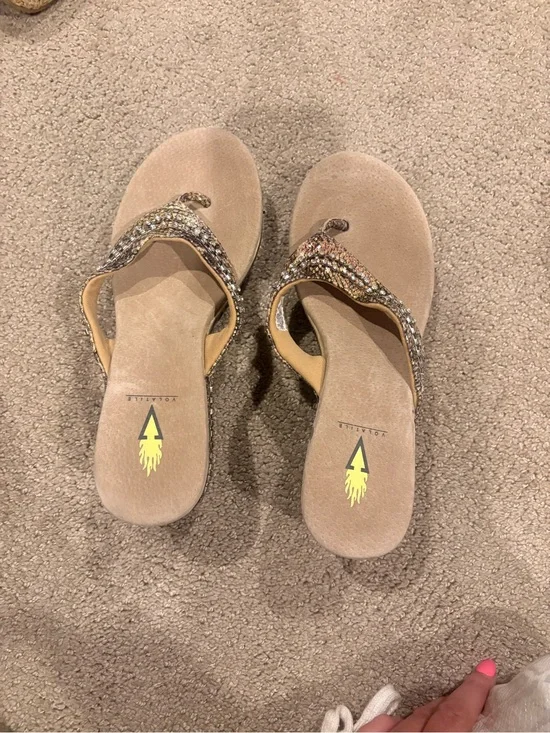 Volatile Beige Thong Sandals with Sparkling Multi-Tone Straps