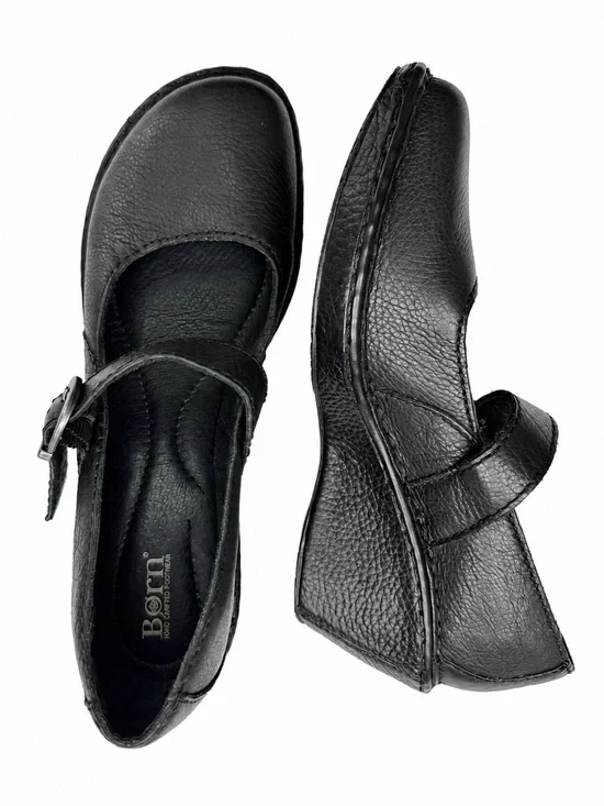 Born Black Leather Mary Jane Wedge Shoes Women's Size 8.5 Comfort Handcrafted