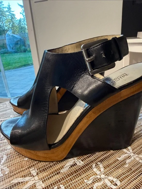 MICHAEL Michael Kors Black Wedge Sandals with Wood Platform - Women's