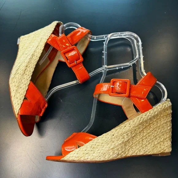 Diane von Furstenberg Women 9 M Orange Patent Leather Espadrille Wedge Sandals