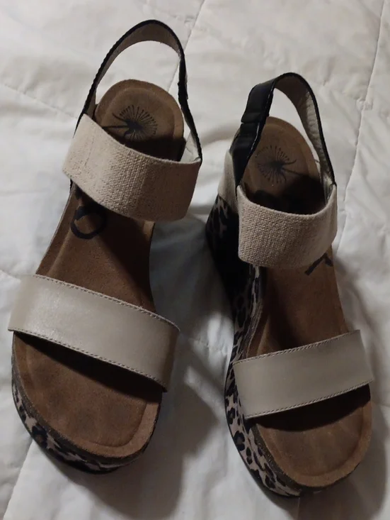 OTBT Beige Linen Straps with Leopard-Print Wedge Sandals