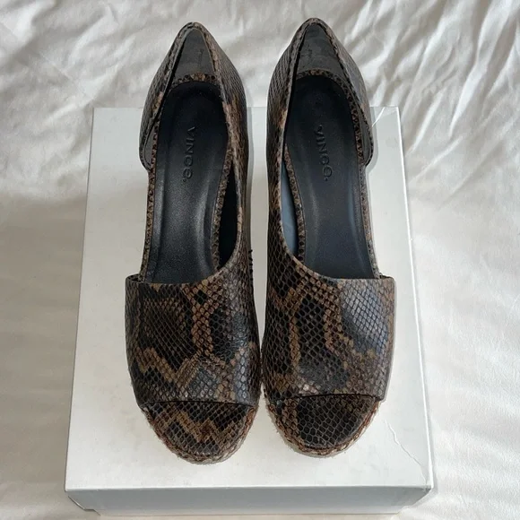 VINCE Percey Snakeskin Coffee Open Toe Heel
