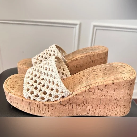 Women's Cream Woven Platform Wedge Sandals
