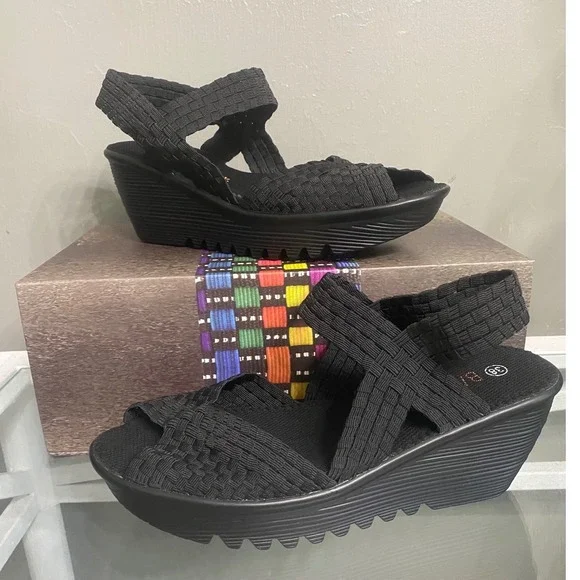 Bernie Mev Fame Black Woven Elastic Platform Wedge Sandals Women 7