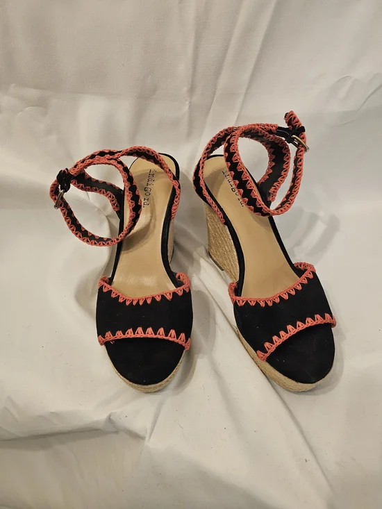 Indigo Black Wedge Sandals with Coral Stitching
