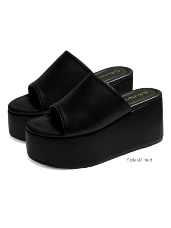 Chunky Platform Wedge Sandals for Women Open Toe Slip On Comfortable PU
