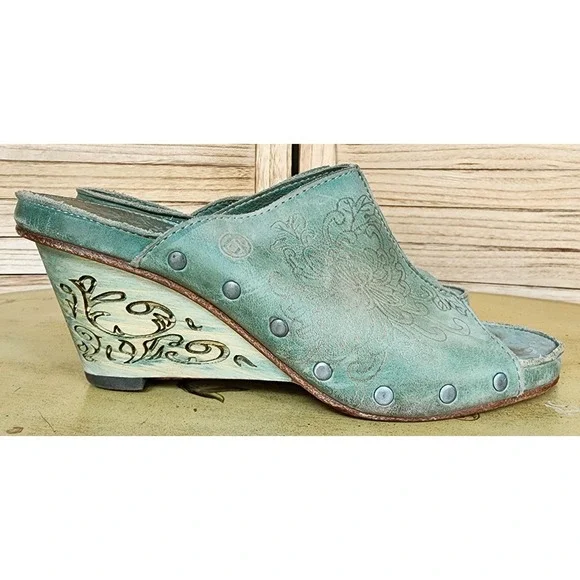 Neosens EU 38 US 7.5 8 Anthropologie Green Leather Wedge Sandals Mules Boho