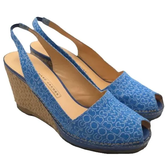 MARC JACOBS Size‎ 39 US 8.5 Blue Fabric Straw Wedge Slingback Heels Shoes Logo