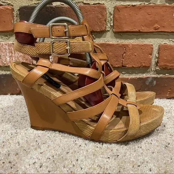 Ann Taylor Tan Wedge Sandals Sz 9.5 Brown Ankle Strap