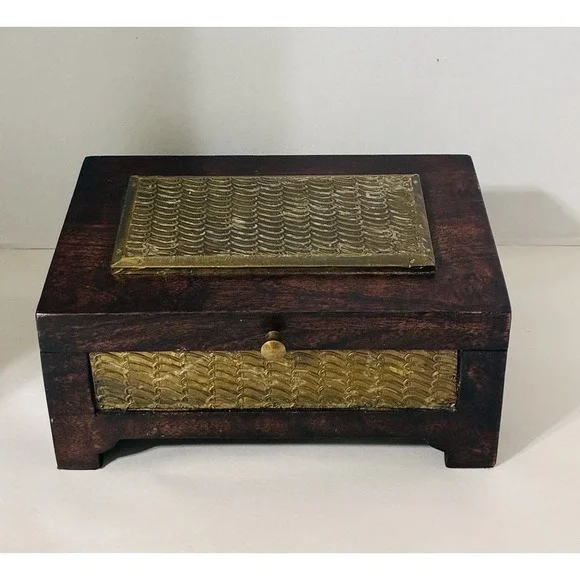 Pier One Wooden Hinged Keepsake Box Dark Wood Tone With Feet And Gold Accent NEW