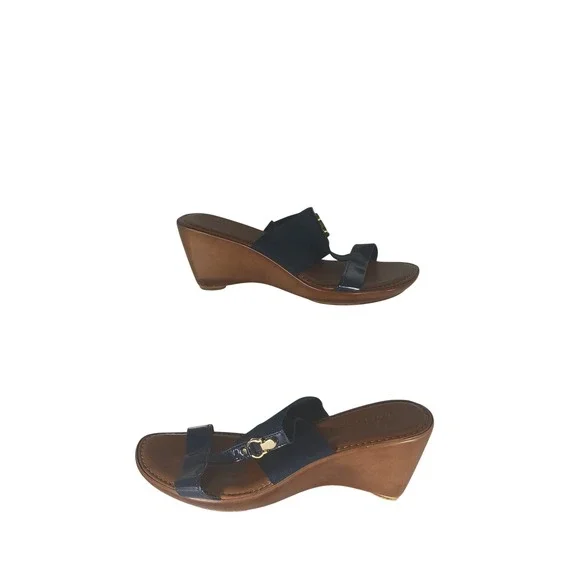 Italian Shoemakers Wedge Sandals 7M Navy Blue Gold Hardware Made in Italy