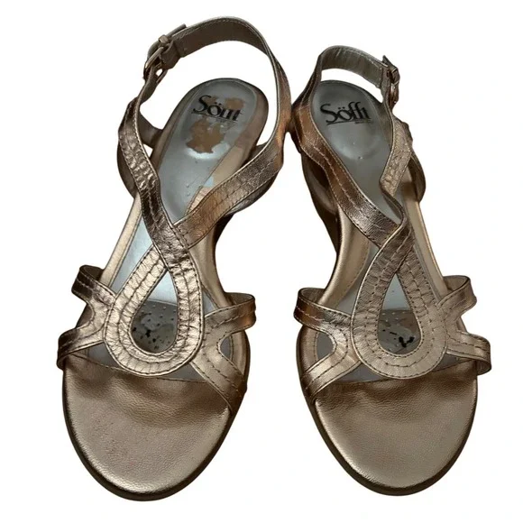 Sofft Rose Gold Metallic Leather Strappy Cork‎ Wedge Sandals Womens 9M