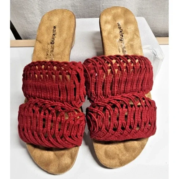 WALKING CRADLES red suede kudos‎ cork wedge heel sandals woman Sz 6Wide
