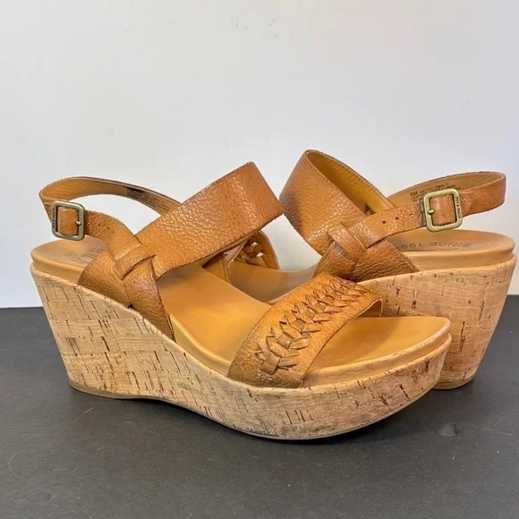 Kork-Ease Brown Leather Wedge Sandals Sz 8M Cork Platform Strappy Boho Comfort
