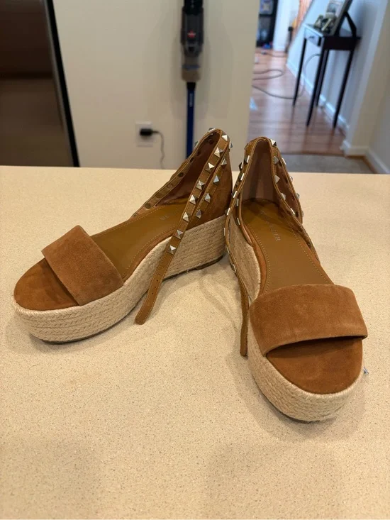 Marc Fisher Tan Suede Espadrille Wedge Sandals with Studded Ankle Straps