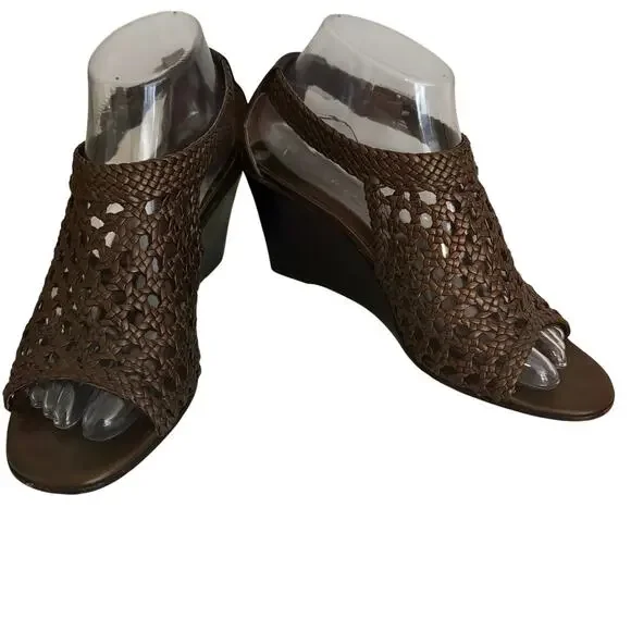 Brighton Realm Bronze Leather Woven Basketweave Wedge Sandals Feminine Boho