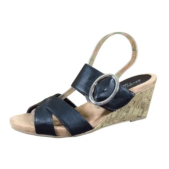 DexFlex Comfort Circle Women Wedge Sandal Size 7.5 Casual Dressy Black Synthetic