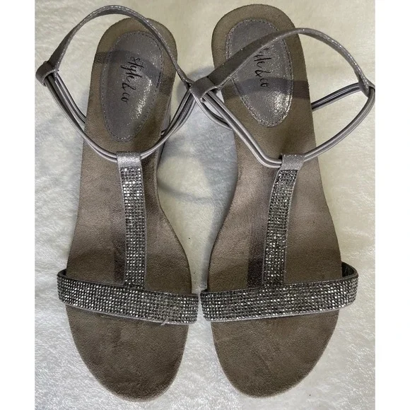 Style & Co Mulan 2 Embellished Evening Wedge Sandals Size 9W Silver Gray Sparkle