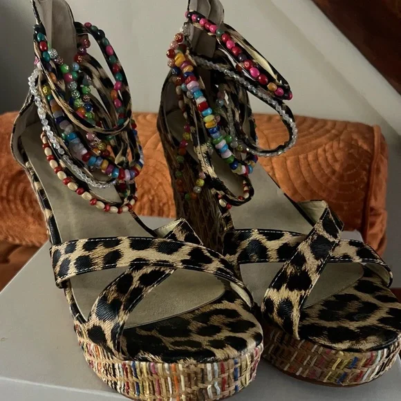 Leopard Print Beaded Ankle-Strap Wedge Sandals - Women