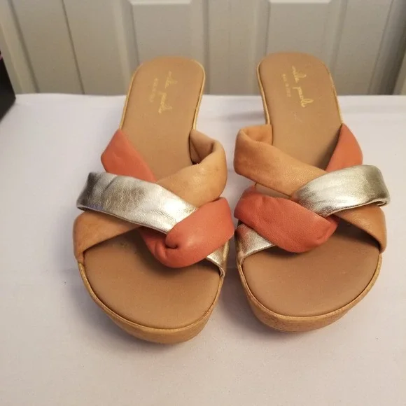 Milla Paoli Italian Leather Platform Wedge Sandals Metallic Silver Peach Tan 9
