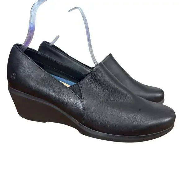 Hush Puppies The Body Shoe Maria Black Wedge Leather Comfort Shoes Slip On sz 8